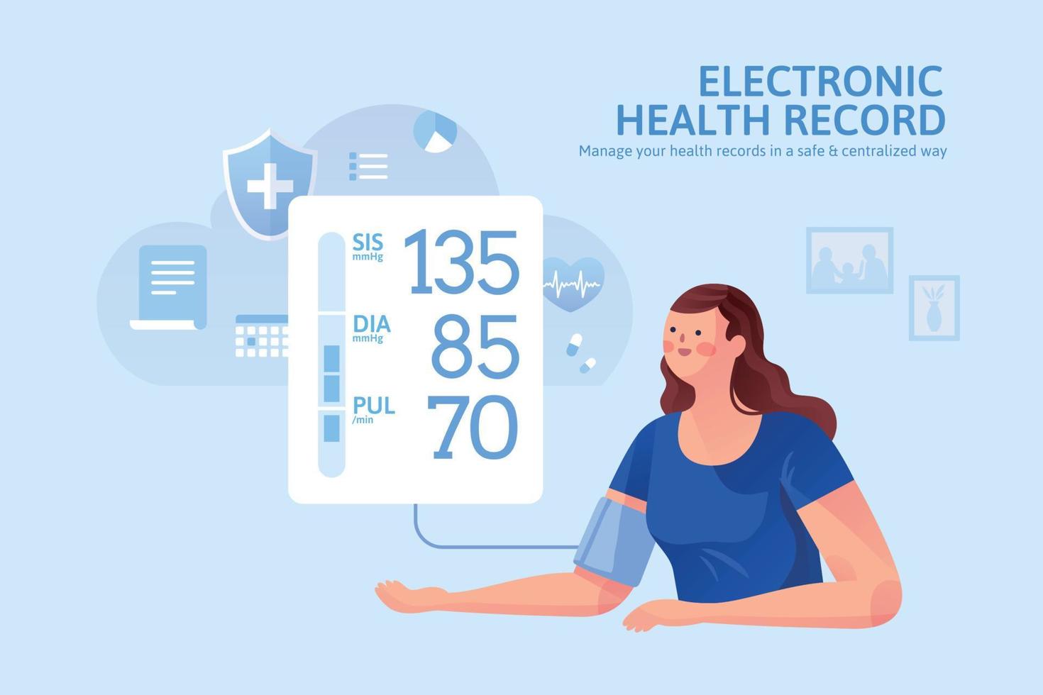 concepto de electrónico salud registro, paciente personaje lata acceso a su salud registros en línea vector