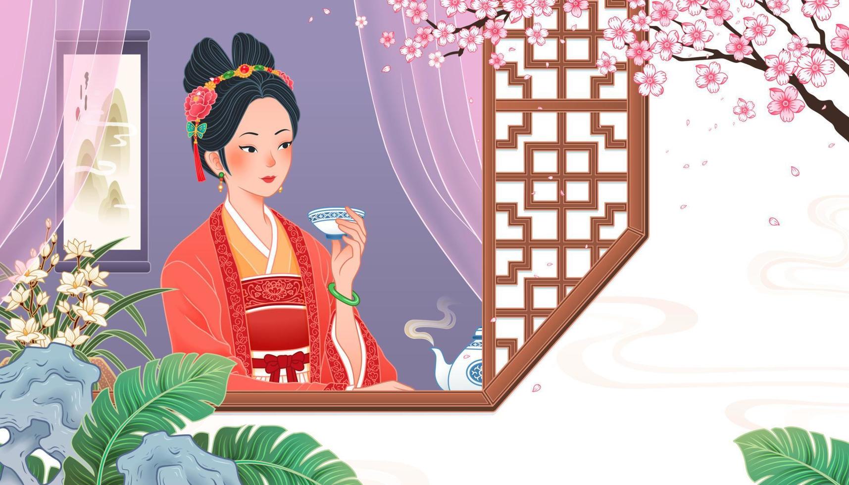 Ancient Chinese girl sitting by the window and enjoying a cup of hot tea, concept of relaxing and healthy lifestyle in flat design vector