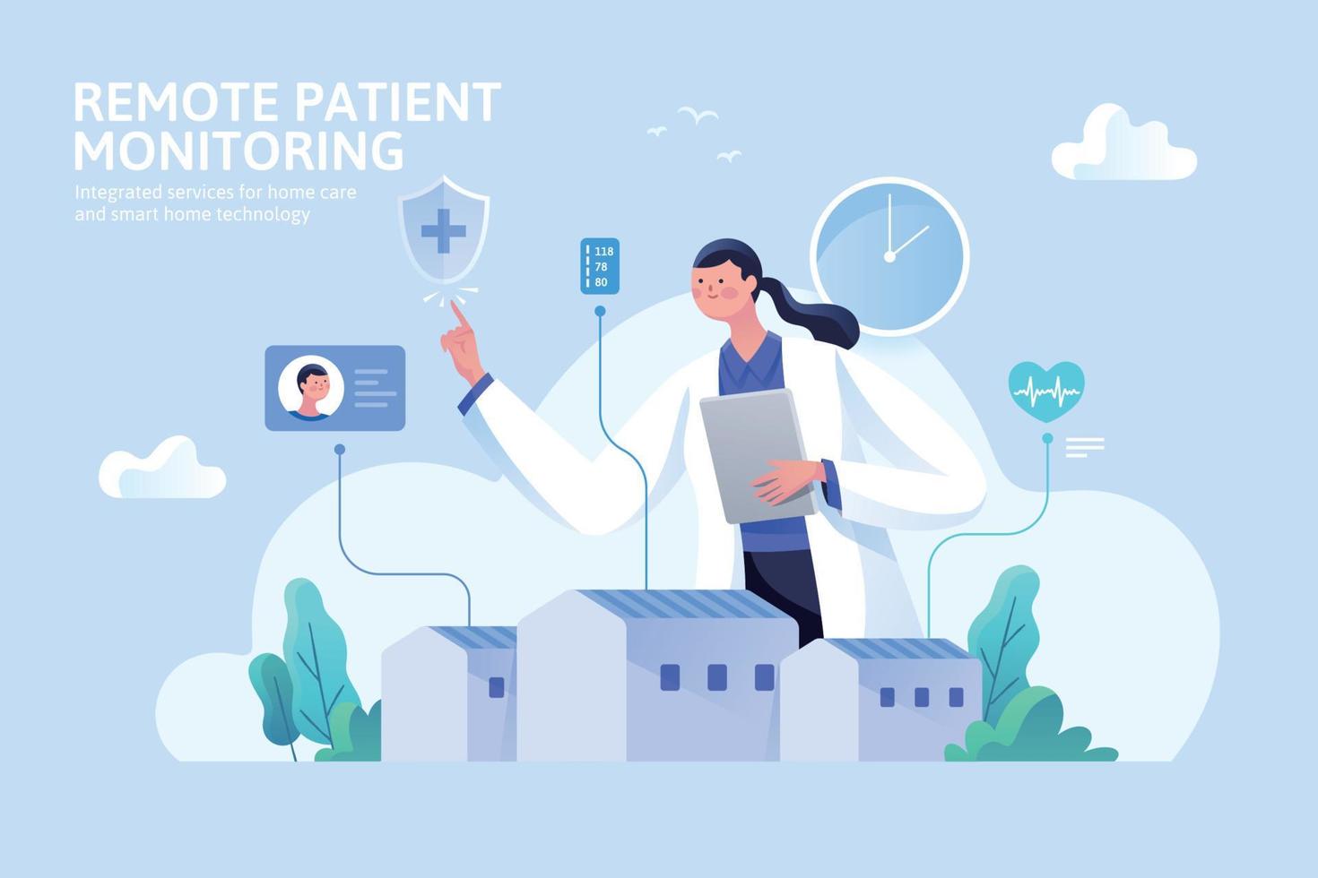 Doctor using technology to monitor patient's health condition remotely, concept of telehealth, remote patient monitoring vector