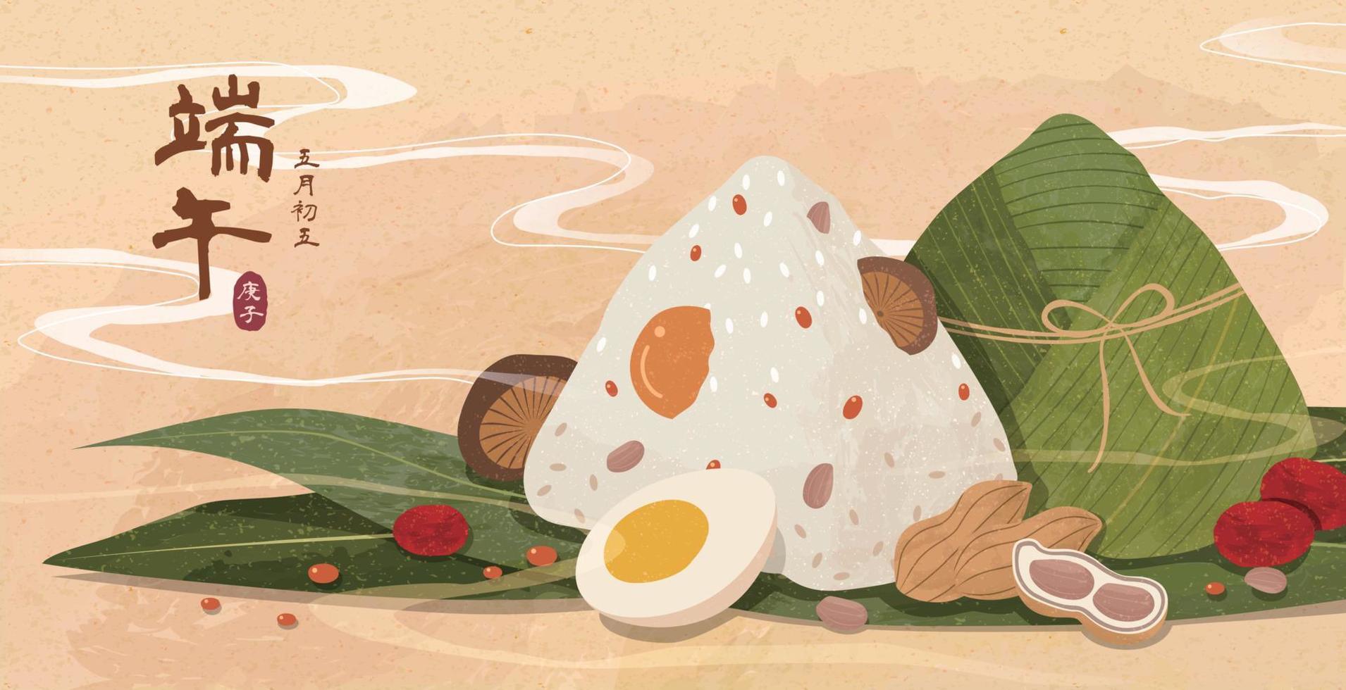 Delicious rice dumplings and ingredients illustration, Duanwu Festival and date written in Chinese calligraphy vector