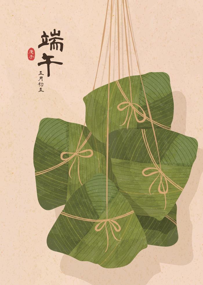 delicioso colgando zongzi ilustración, duanwu festival y fecha escrito en chino caligrafía vector