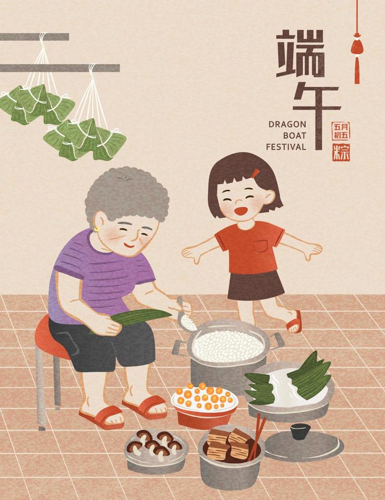 Grandma wrapping rice dumplings for holiday in kitchen with her grandchild, Dragon boat festival on May 5th and zongzi written in Chinese words vector