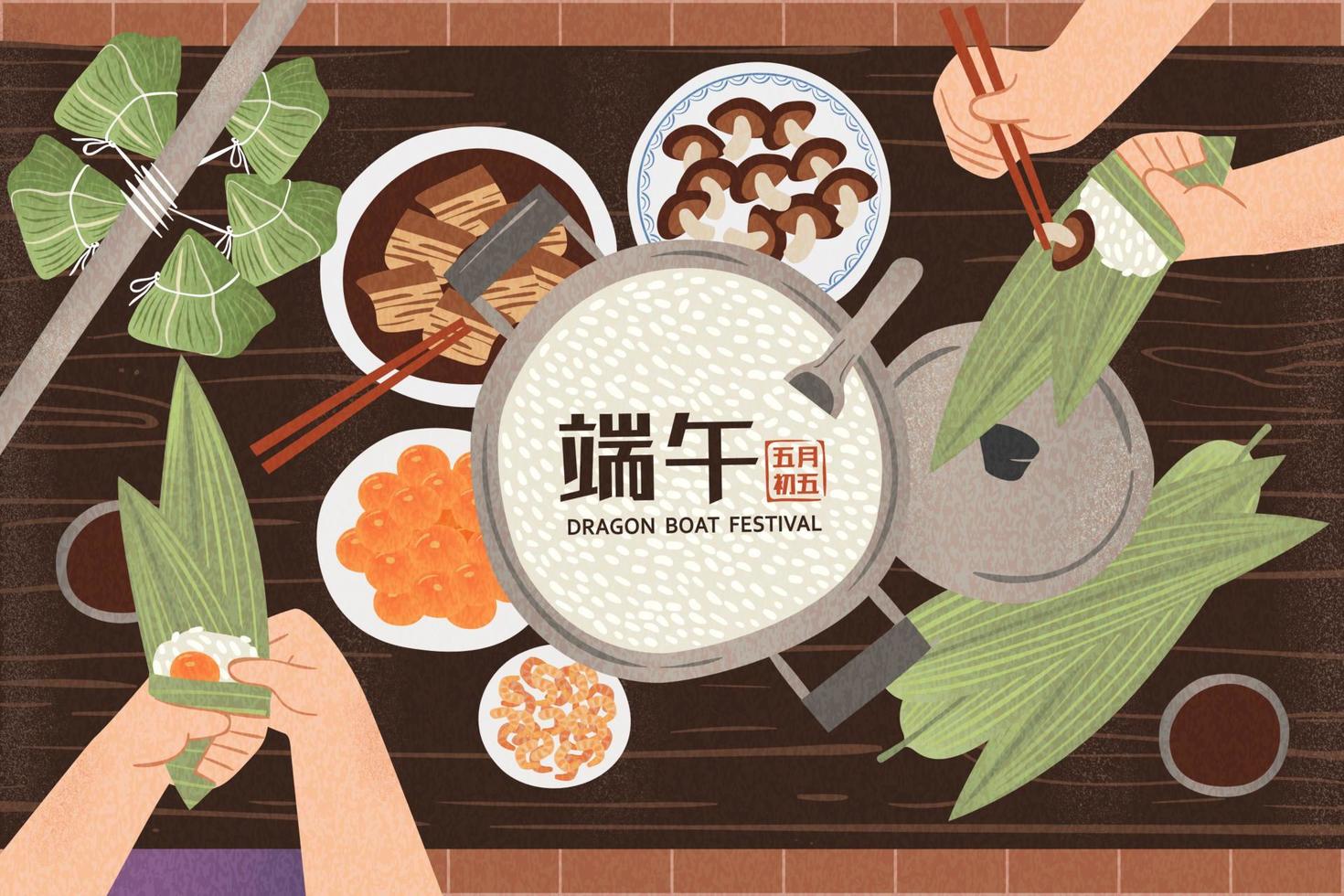 Top view of hands wrapping rice dumplings for holiday with all the ingredients placed on wooden table, Dragon boat festival on May 5th written in Chinese words vector