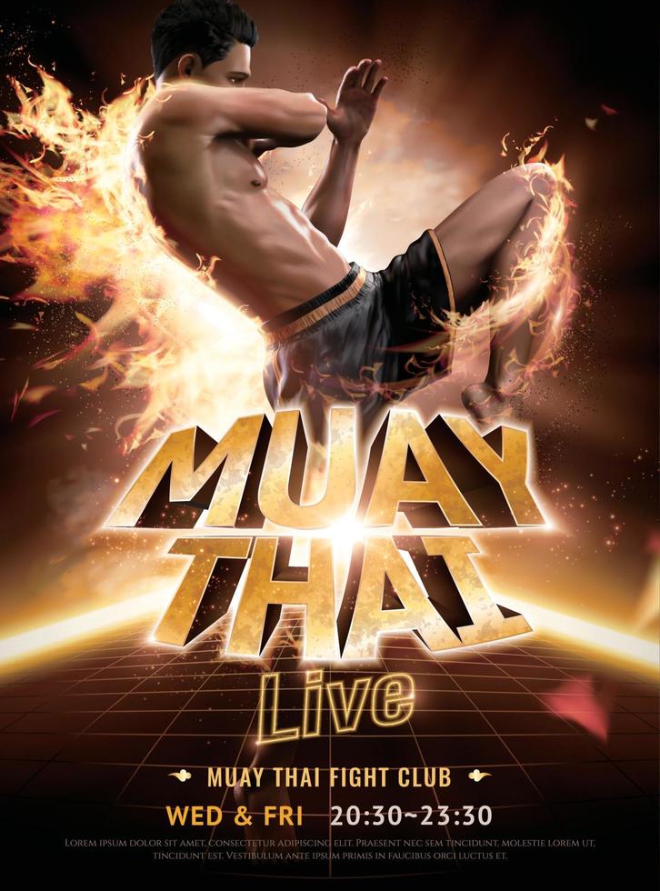 Man doing Muay Thai flying knee with fire effect, realistic 3d illustration live show poster design vector