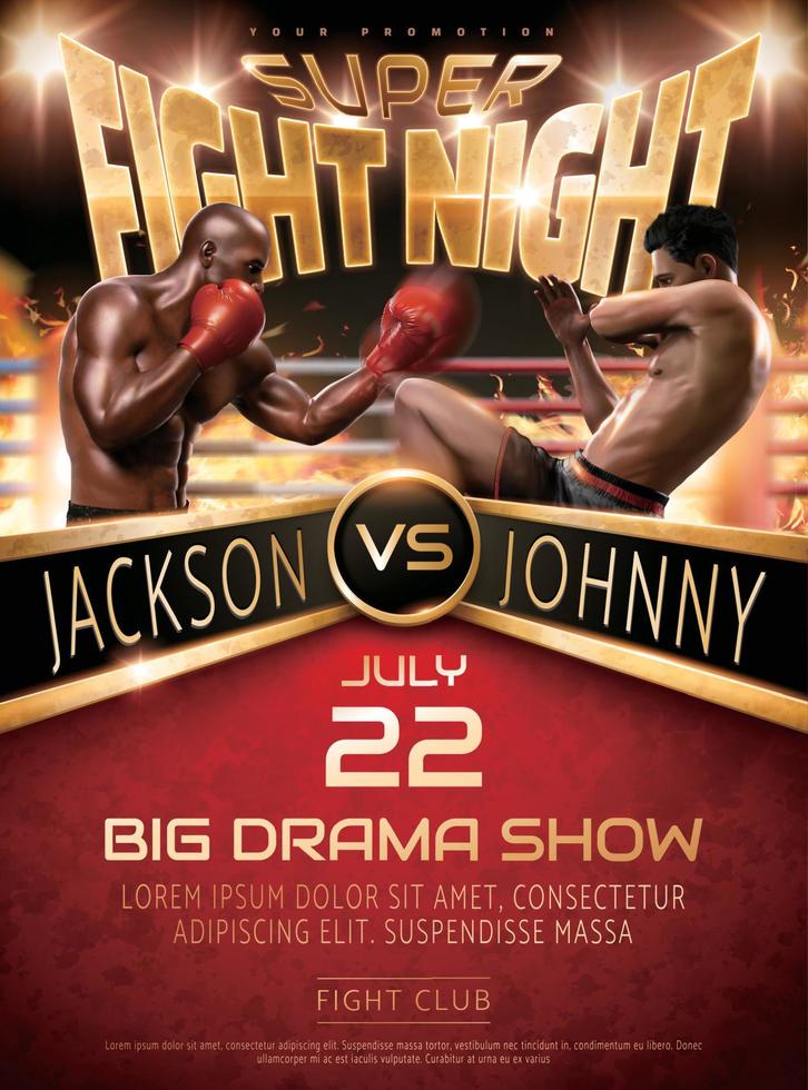 Muay Thai and Boxing fight show poster design with two handsome realistic 3d illustration men in front of boxing ring vector