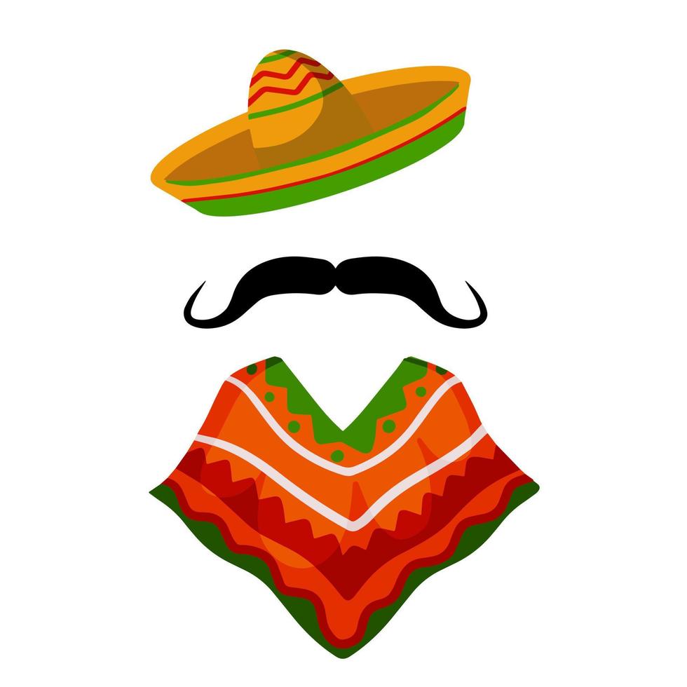 Poncho. Red and orange Mexican Cape. National dress. Latin costume. Sombrero hat and mustache. Flat cartoon isolated on white vector
