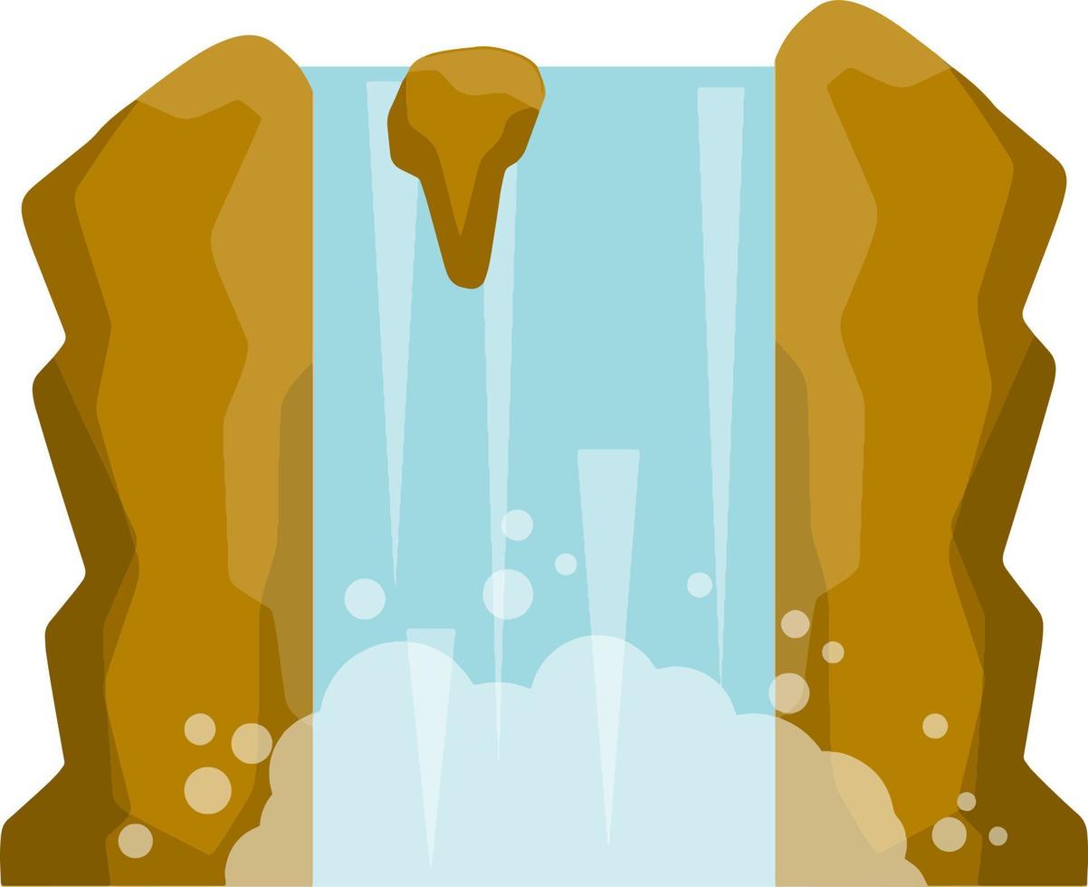 Waterfall on mountain. Rocks and water. Tropical island. Summer season, Southern landscape. Cartoon flat illustration. Pond and lake. Water falls down vector