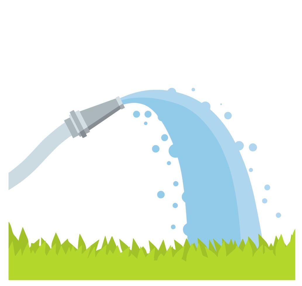 Hose. Jet of water. Grey tube. Green lawn and grass. Flat cartoon illustration. Fire fighting and watering of lawn vector