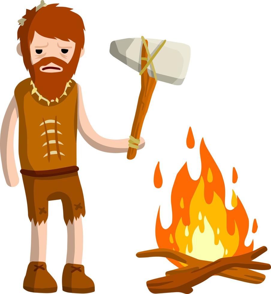 Caveman in animal skin. Man from stone age. vector