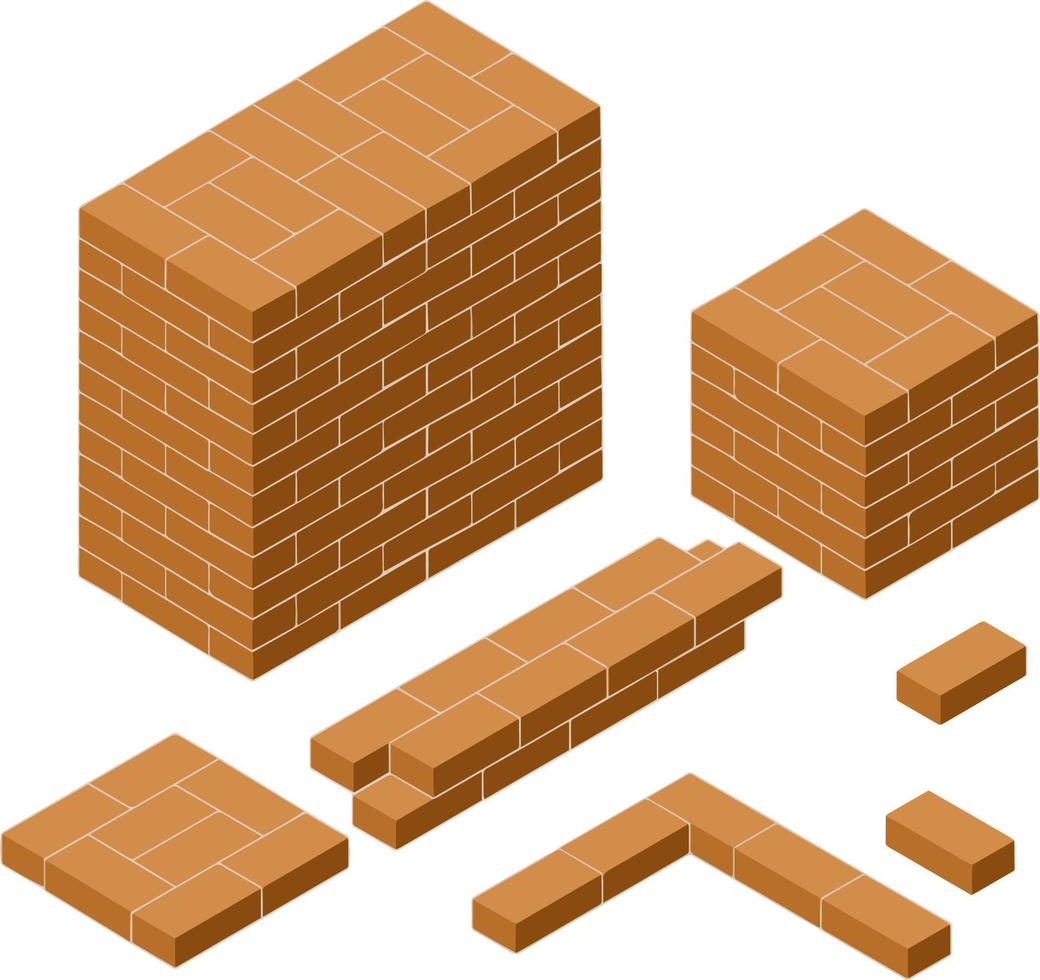 Red brick wall. Elements of the fence of different lengths. Construction of the building. Material for home repair. Floor platform and stone border. vector