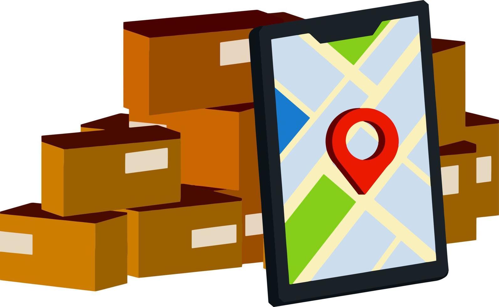 Pile of packages. Mobile phone with city map and pin. Delivery route. Concept of mail Apps. Cartoon flat illustration vector