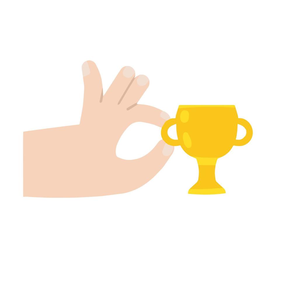 Hand hold the winner cup. Champion and success. First place award. Human palm. Awarding a prize. Flat modern cartoon illustration vector