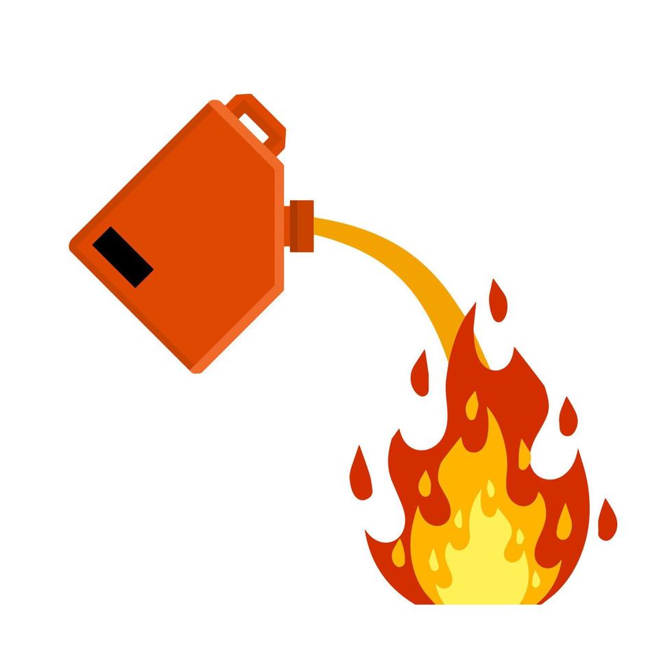 Canister with fuel. Container with oil. Flammable object. Danger and fire. Watering a Dangerous flame. Flat cartoon icon illustration isolated on white background. Red gas tank vector