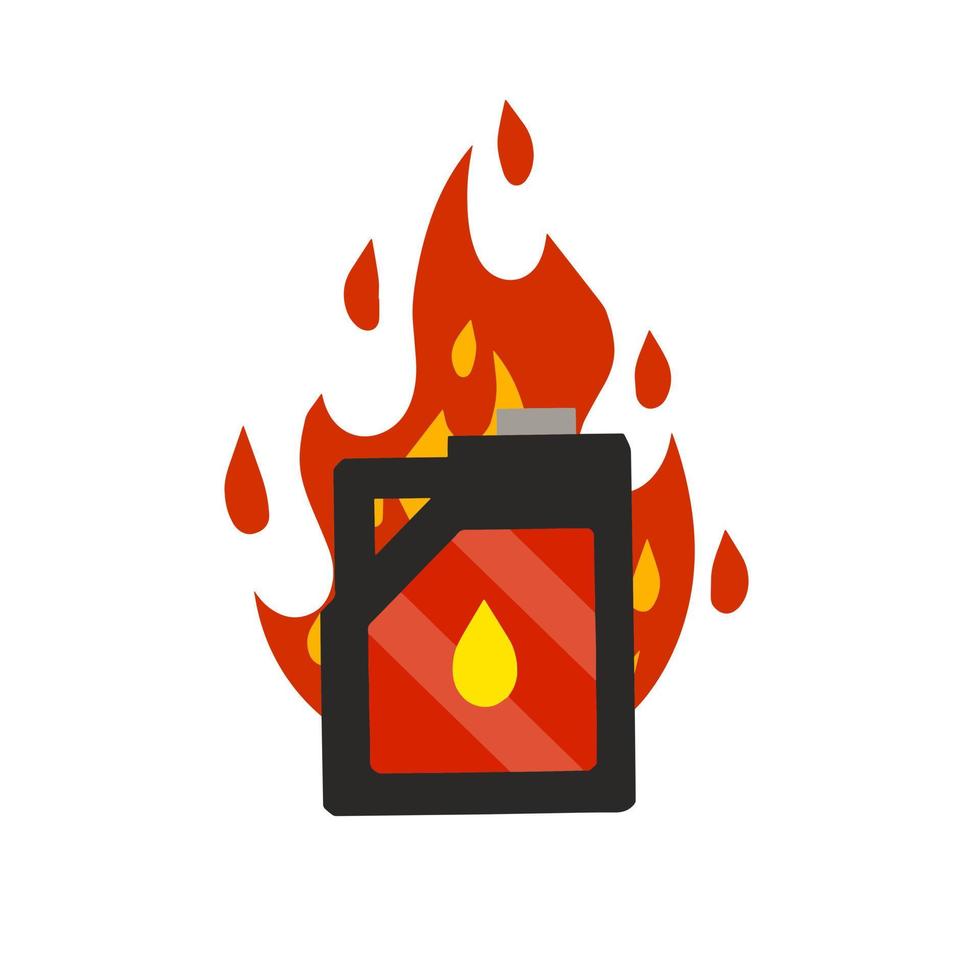 Canister with fuel. Container with oil. Flammable object. Danger and fire. Dangerous flames. Flat cartoon icon illustration isolated on white background. Red gas tank vector