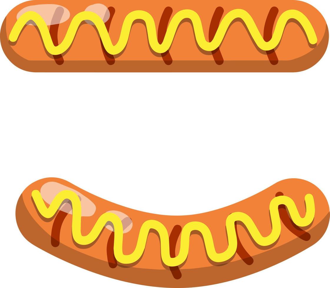 Hot dog. Bread, sausage, ketchup. Icon Harmful diet. Delicious Bun and Fast junk food. Cartoon flat illustration vector