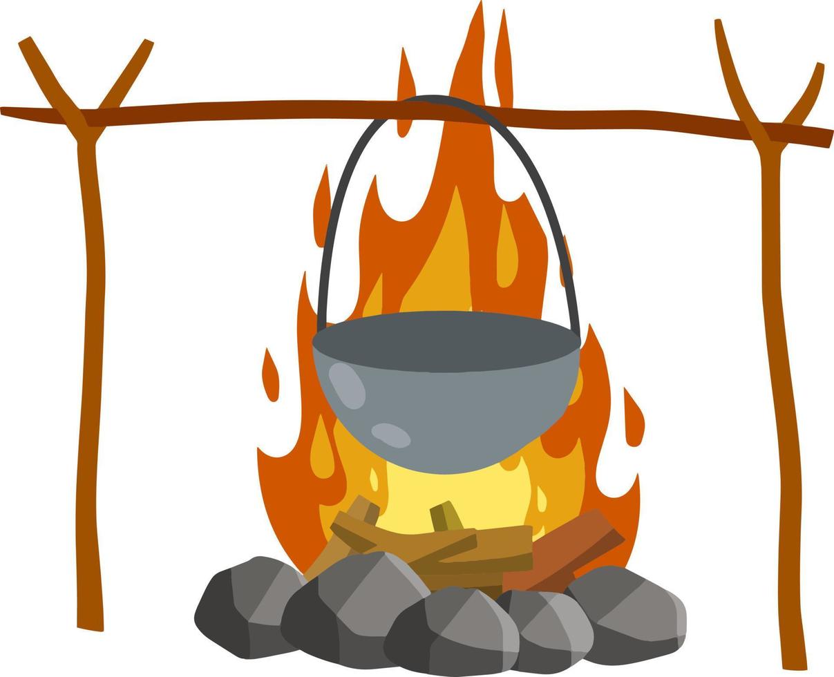 Fire with branches and stones. Cartoon flat illustration. Cooking in the campaign. Campfire with pot. Boiling water and food preparation in camp vector