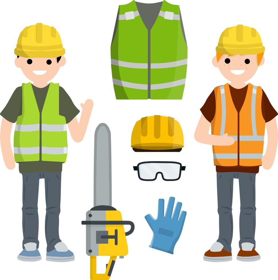 Two Men workers in uniform with helmets, chainsaw, glove and glasses.. Industrial safety. Maintenance service. Loggers and objects for sawing wood. Cartoon flat illustration vector
