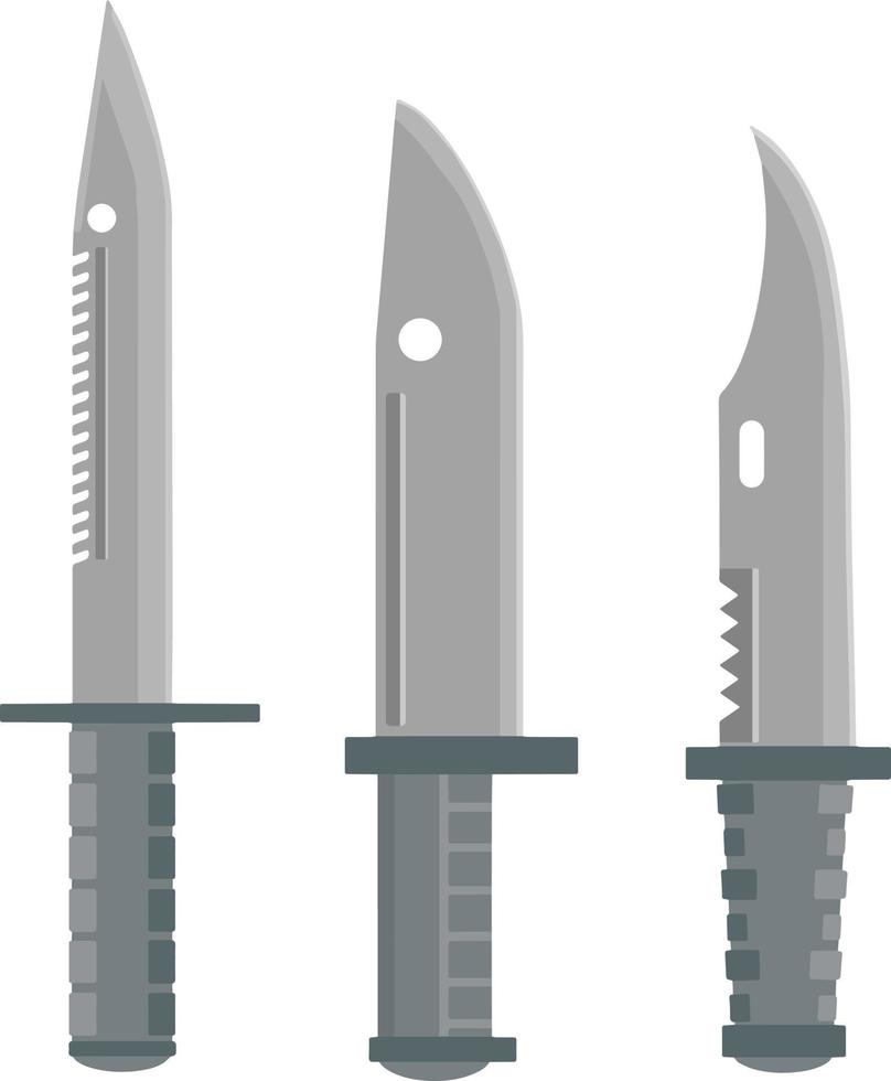 Set of hunting knives. Sharp grey blade with a handle. dangerous weapon for camping and hunt. Cartoon flat illustration vector