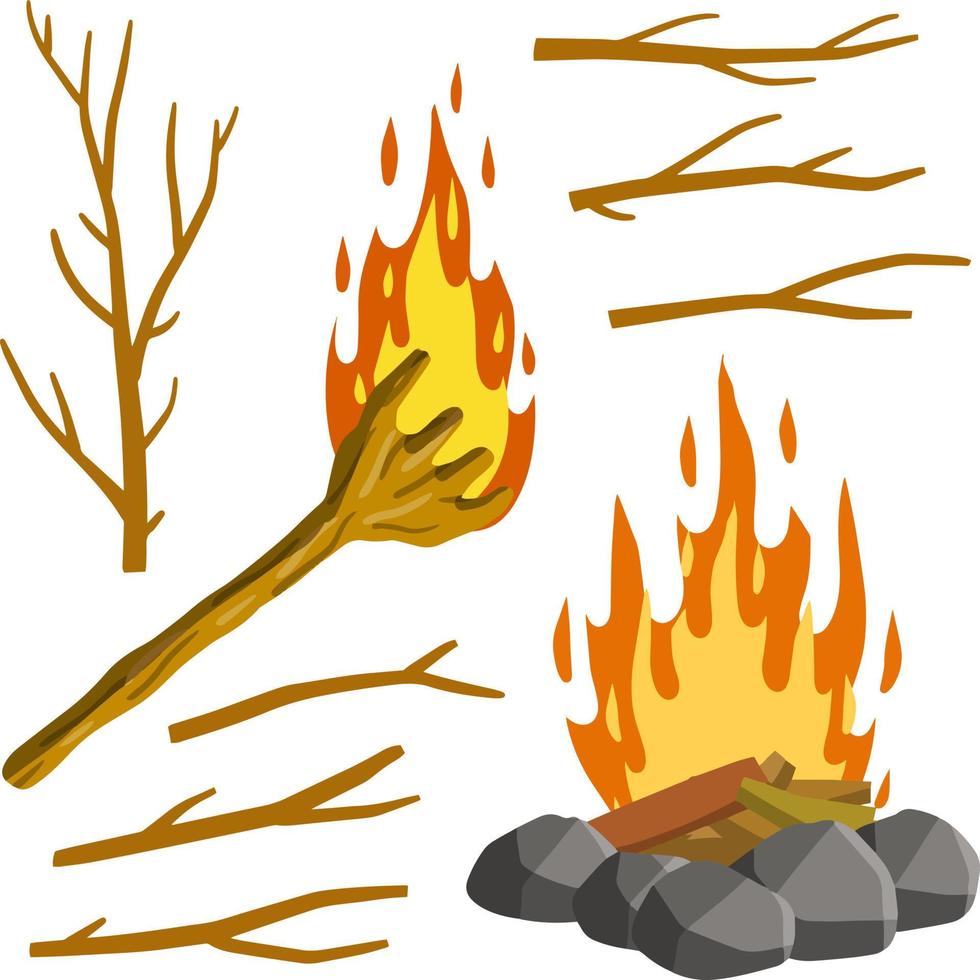 conjunto vectorial de fuego ardiente en una vieja antorcha de madera  14177589 Vector en Vecteezy