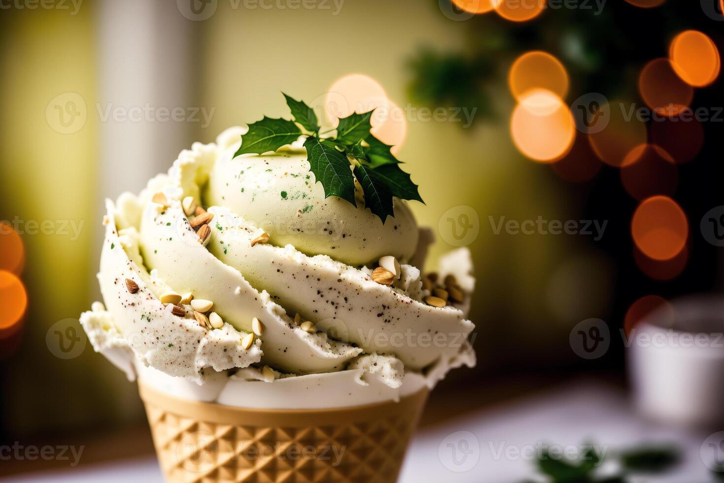 delicious Ice cream cone with chocolate and whipped cream on a wooden table. sweet food. photo