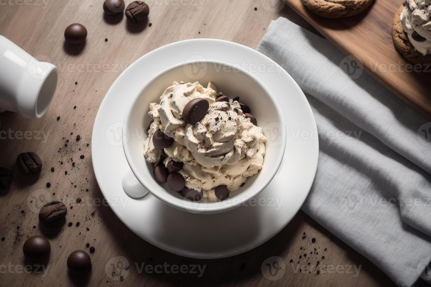 delicioso hecho en casa hielo crema con chocolate papas fritas en un cuenco en un de madera mesa. dulce alimento. generativo ai foto