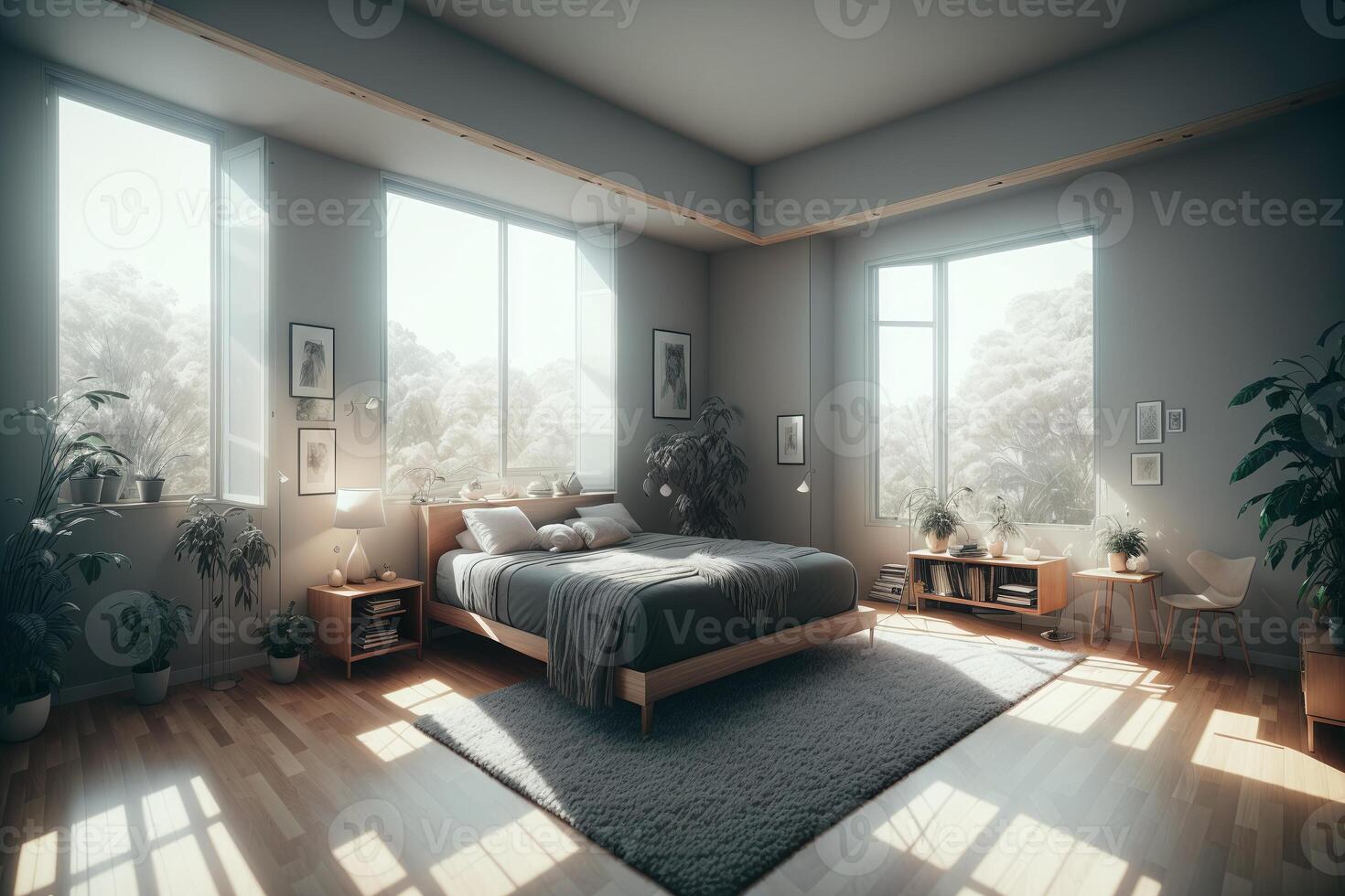 interior de moderno dormitorio con gris paredes, de madera piso, cómodo Rey Talla cama y ventana con campo vista. generativo ai foto