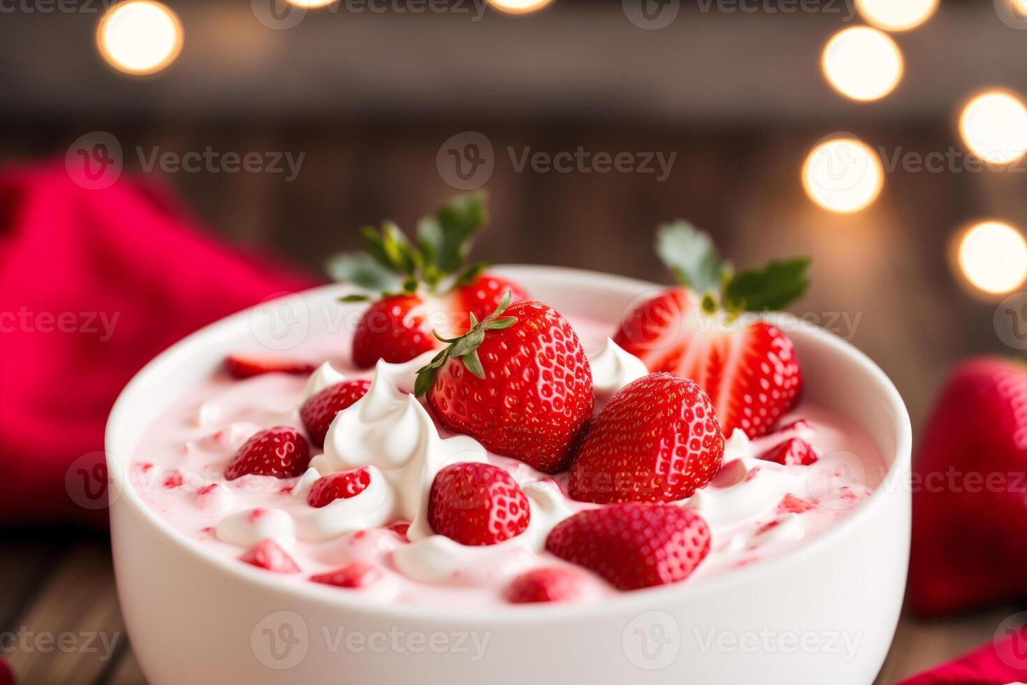 Strawberry yogurt in a white bowl.Yogurt with fresh blackberries, raspberries. photo