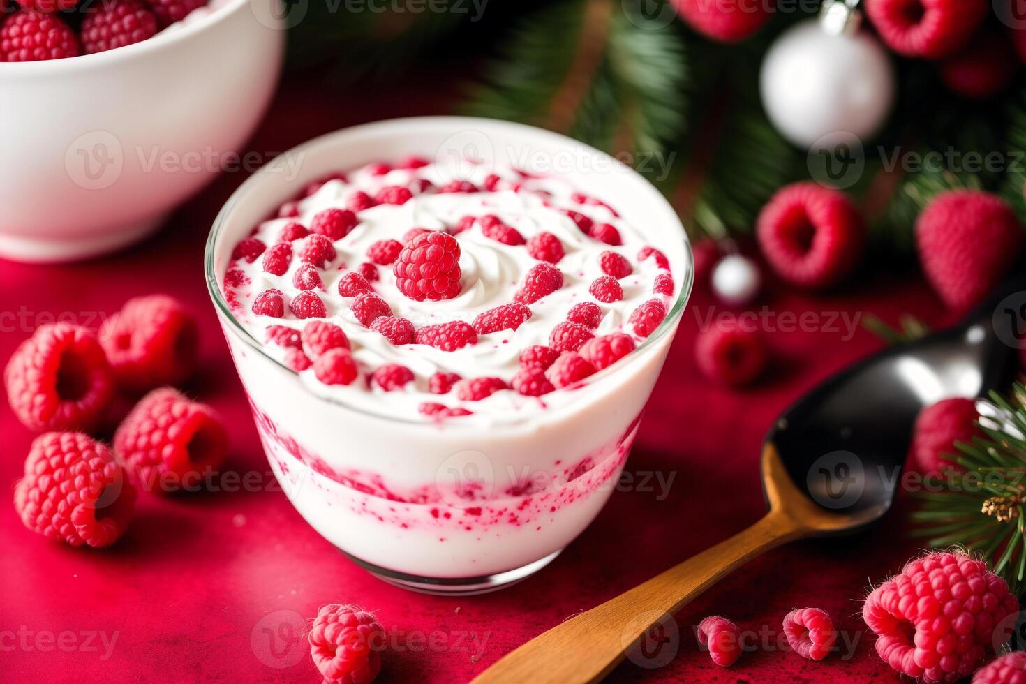 Strawberry yogurt in a white bowl.Yogurt with fresh blackberries, raspberries. photo