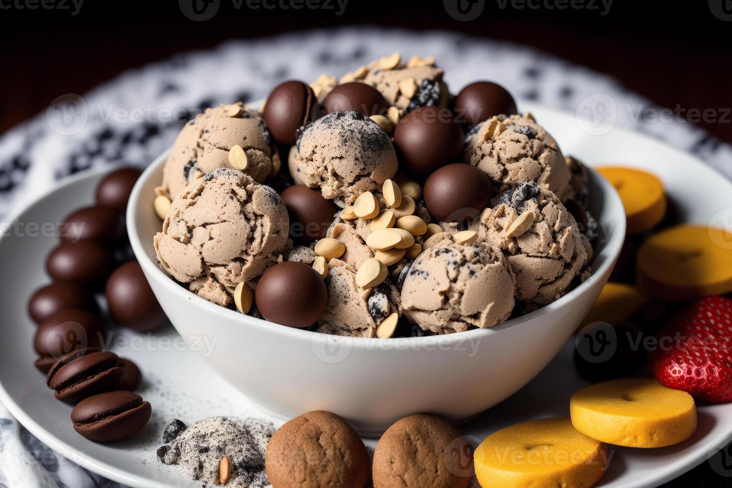 delicioso hecho en casa hielo crema con chocolate papas fritas en un cuenco en un de madera mesa. dulce alimento. generativo ai foto