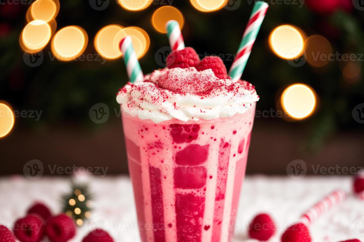 A glass of milkshake with whipped cream and blackberries.Strawberry milkshake, Raspberry milkshake. photo