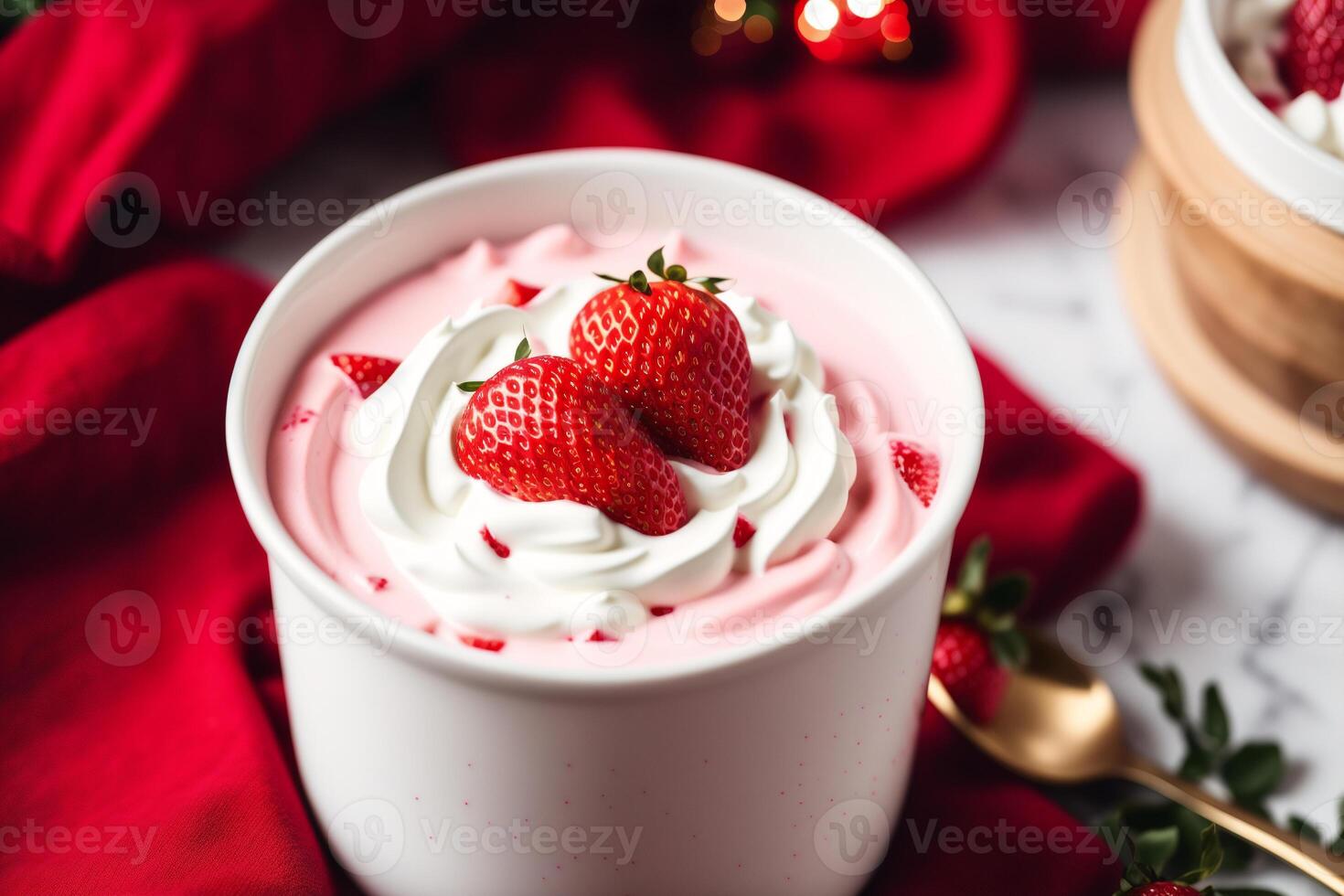 Strawberry yogurt in a white bowl.Yogurt with fresh blackberries, raspberries. photo