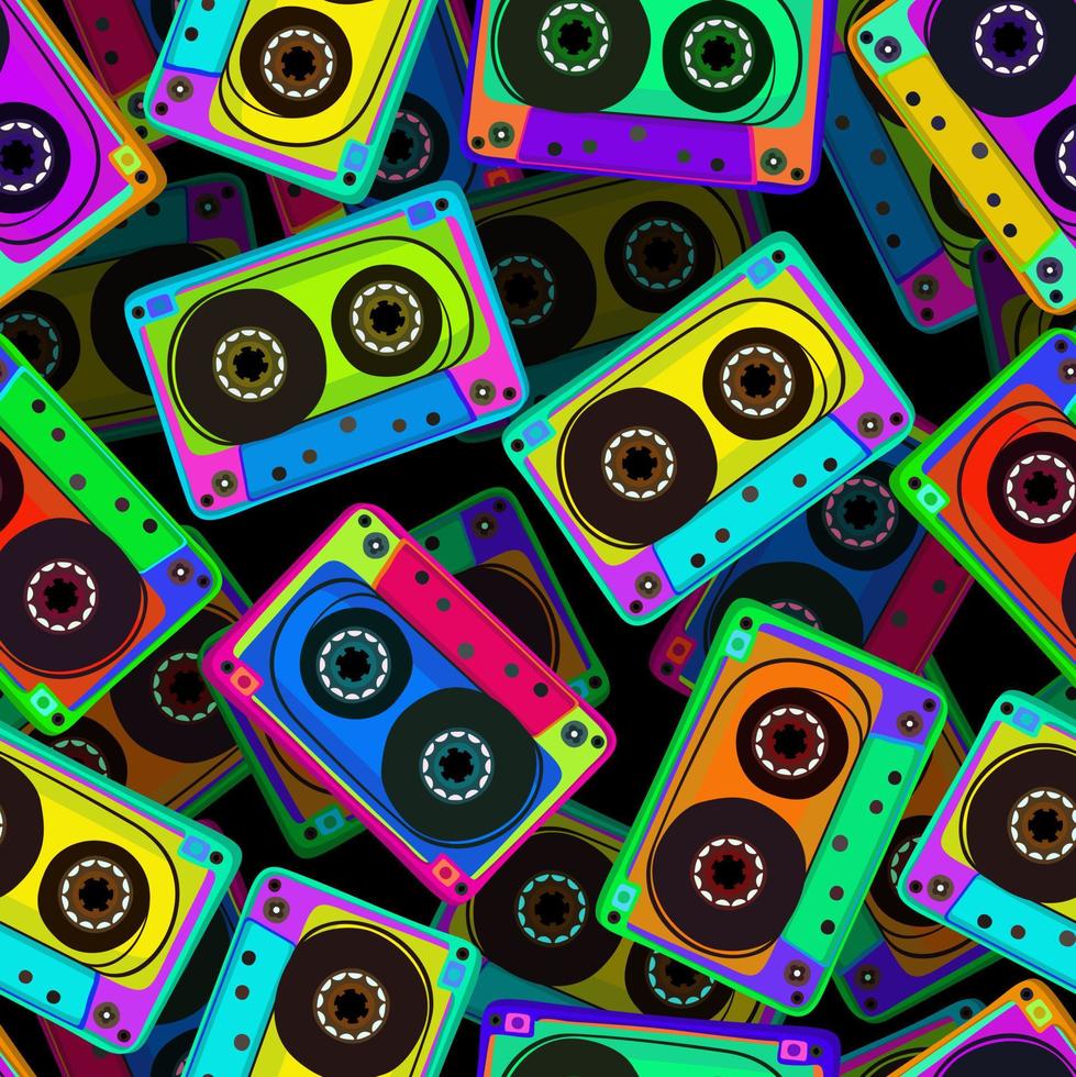 Vector seamless pattern with audiocassettes on black background.