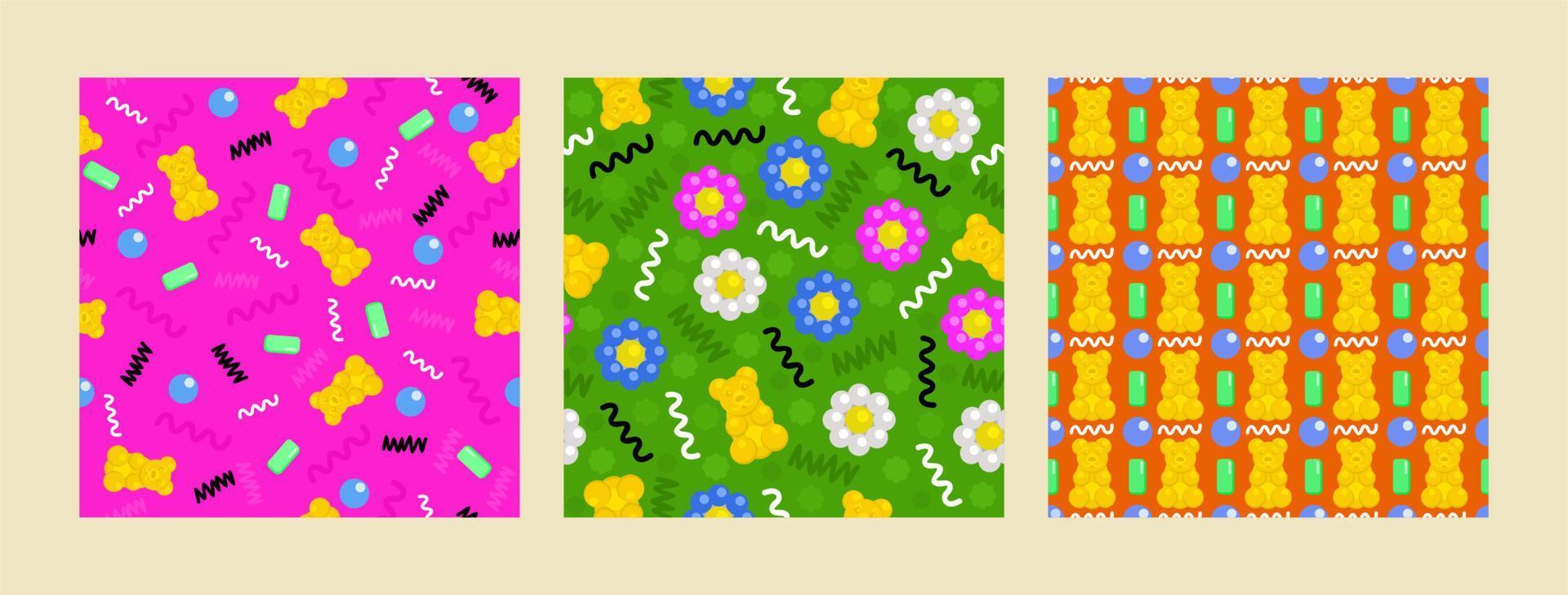 Vector seamless patterns. Memphis collection. Bright cute patterns with curved lines, gummy bears, flowers and chewing gums.
