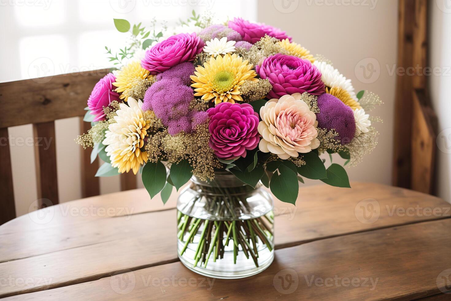 Bouquet of colorful flowers in vase on wooden background. photo