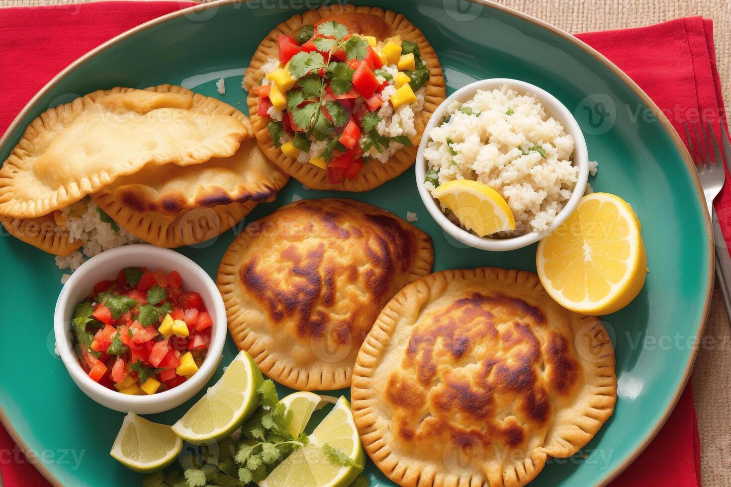 South American cuisine. Tasty pie with rice and vegetables served on plate, closeup. photo