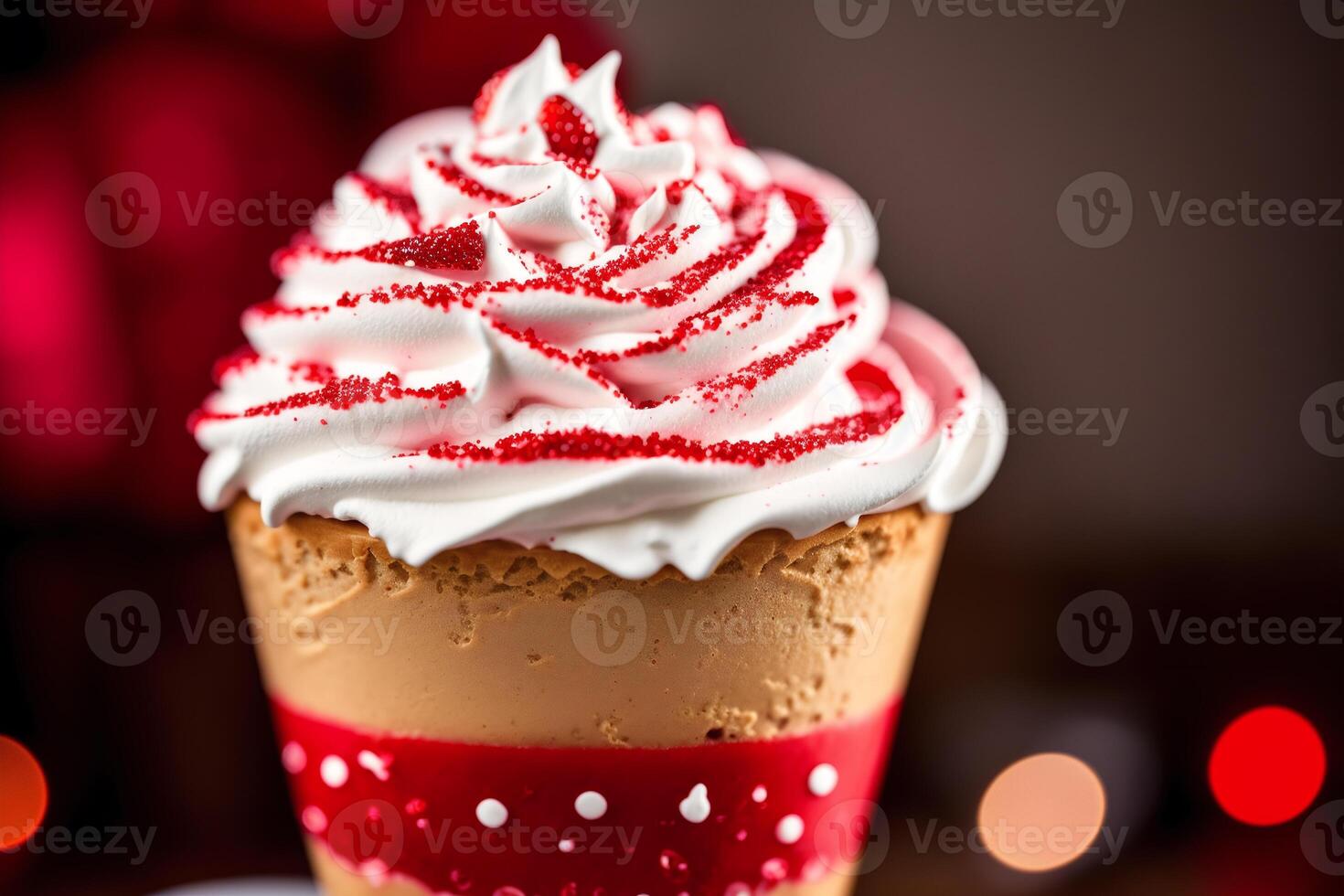 delicious Ice cream cone with chocolate and whipped cream on a wooden table. sweet food. photo