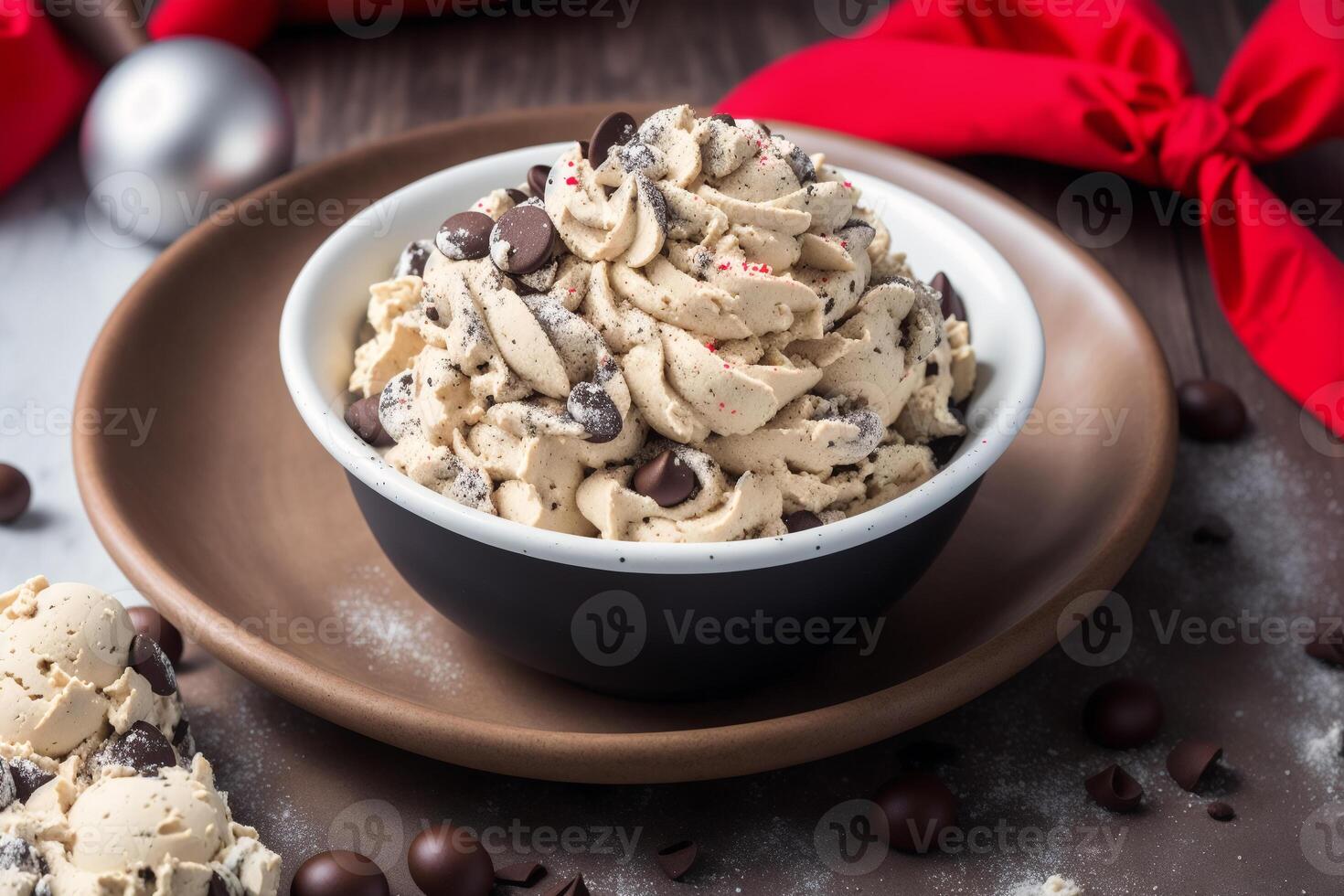 delicious Homemade ice cream with chocolate chips in a bowl on a wooden table. sweet food. photo