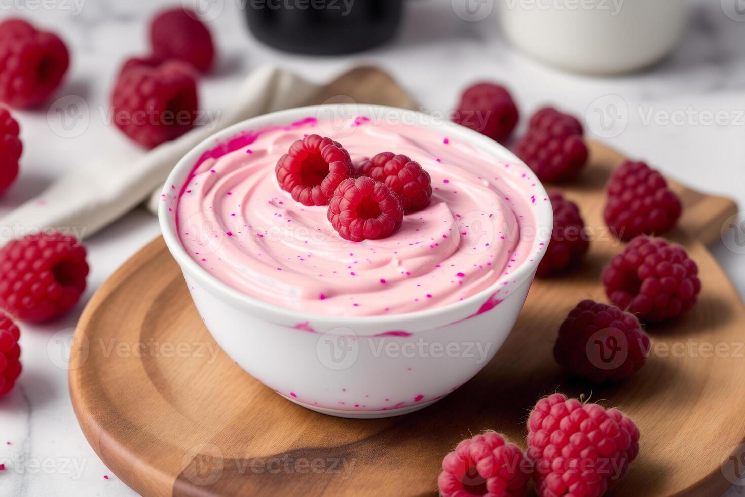 Strawberry yogurt in a white bowl.Yogurt with fresh blackberries, raspberries. photo