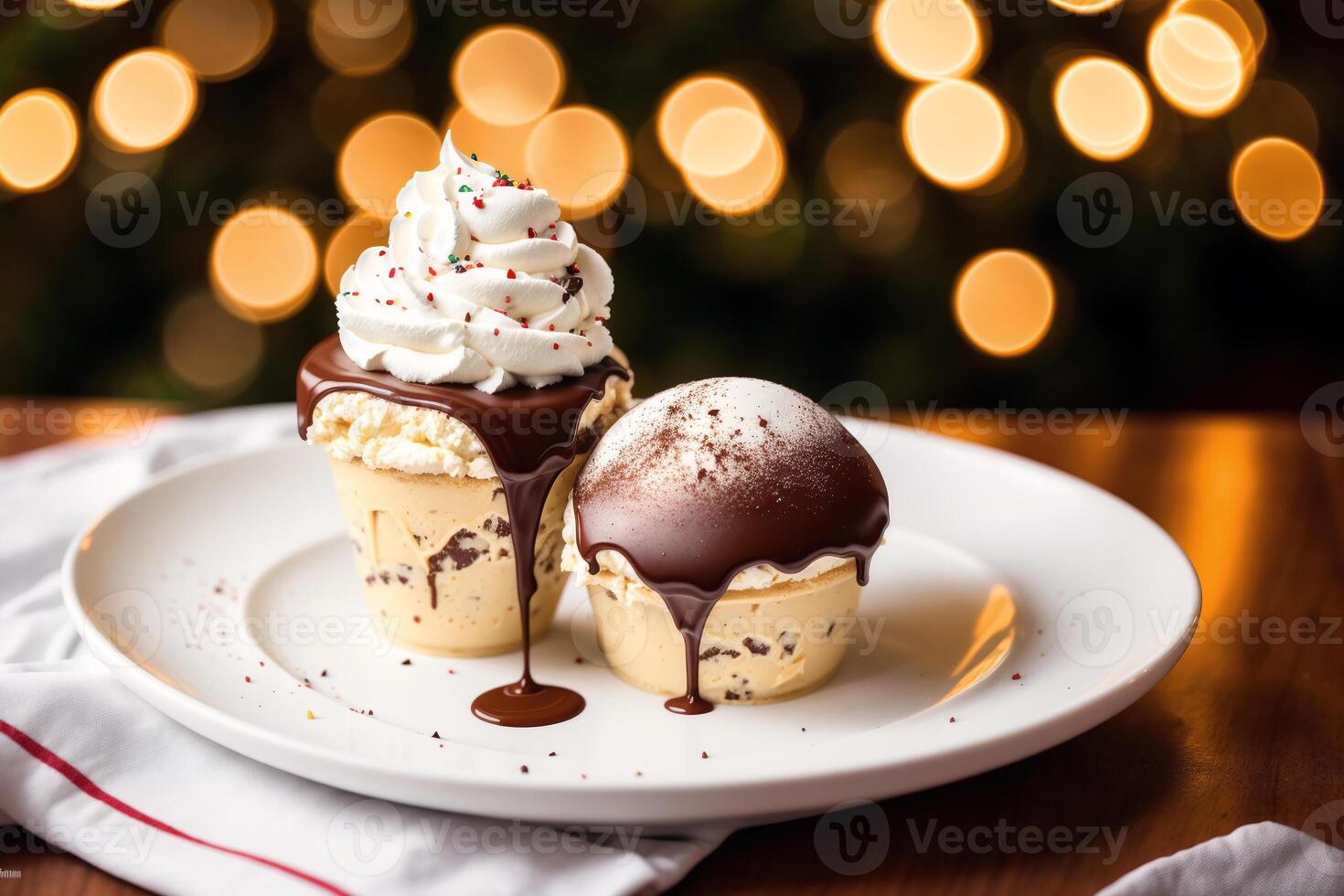 delicious Ice cream cone with chocolate and whipped cream on a wooden table. sweet food. photo