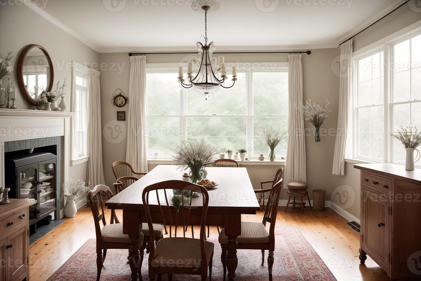 Interior of modern Dining room with a large window . photo