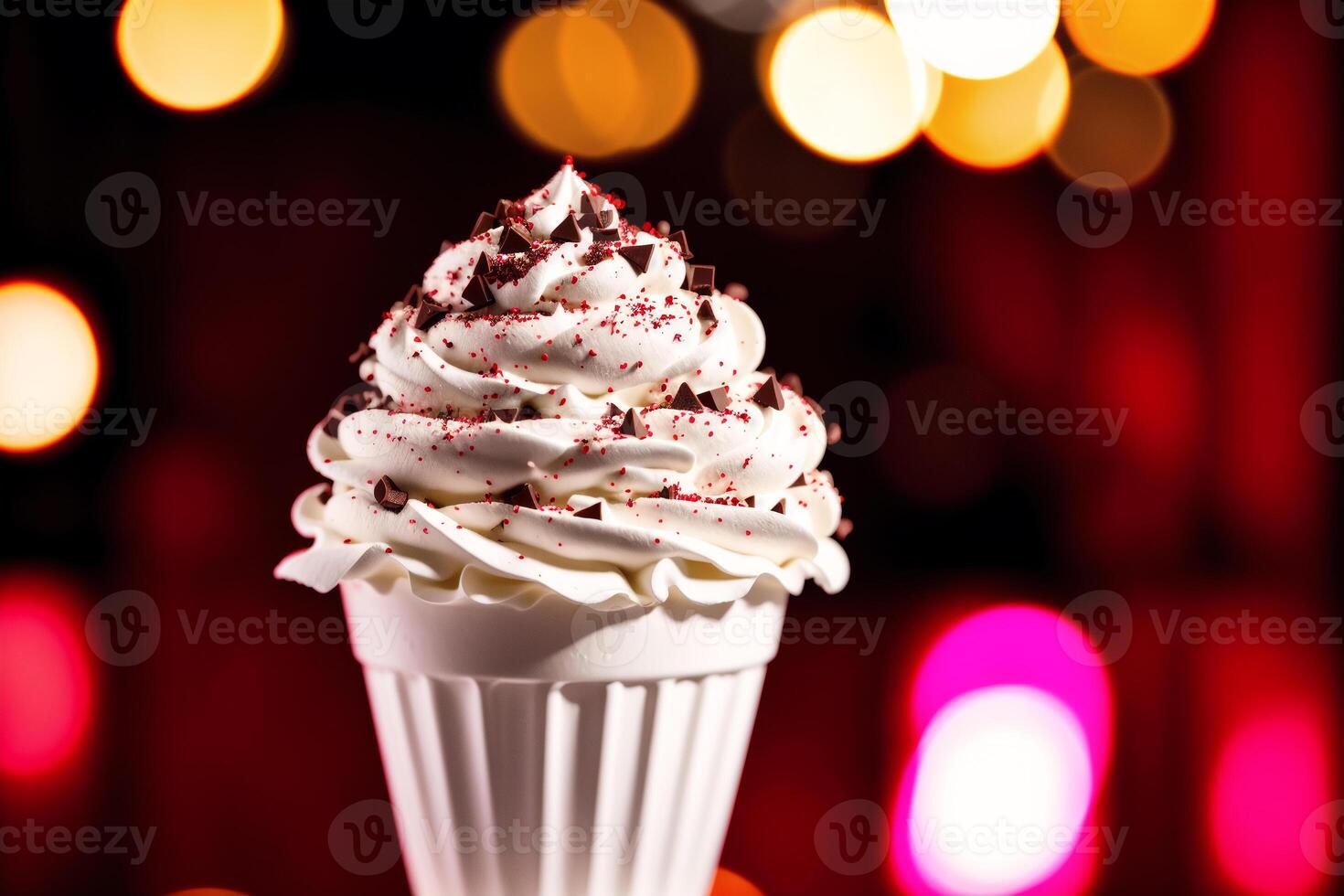delicious Ice cream cone with chocolate and whipped cream on a wooden table. sweet food. photo