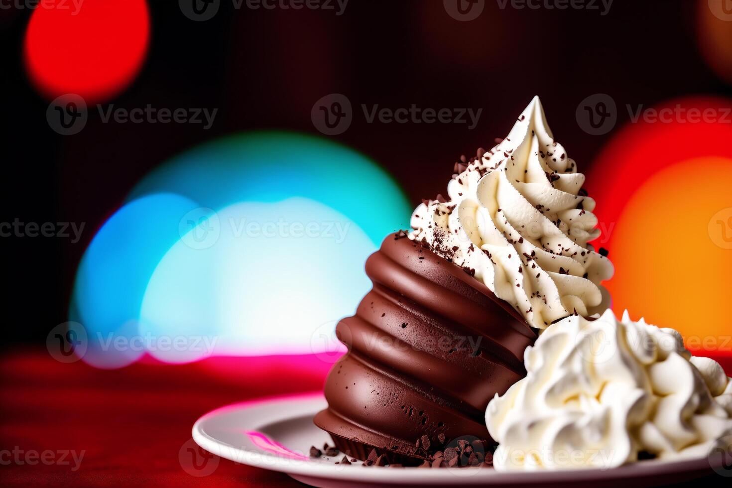 delicious Ice cream cone with chocolate and whipped cream on a wooden table. sweet food. photo