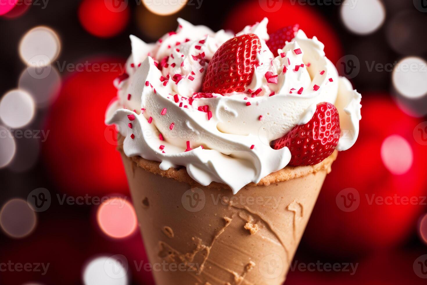 delicious Ice cream cone with chocolate and whipped cream on a wooden table. sweet food. photo