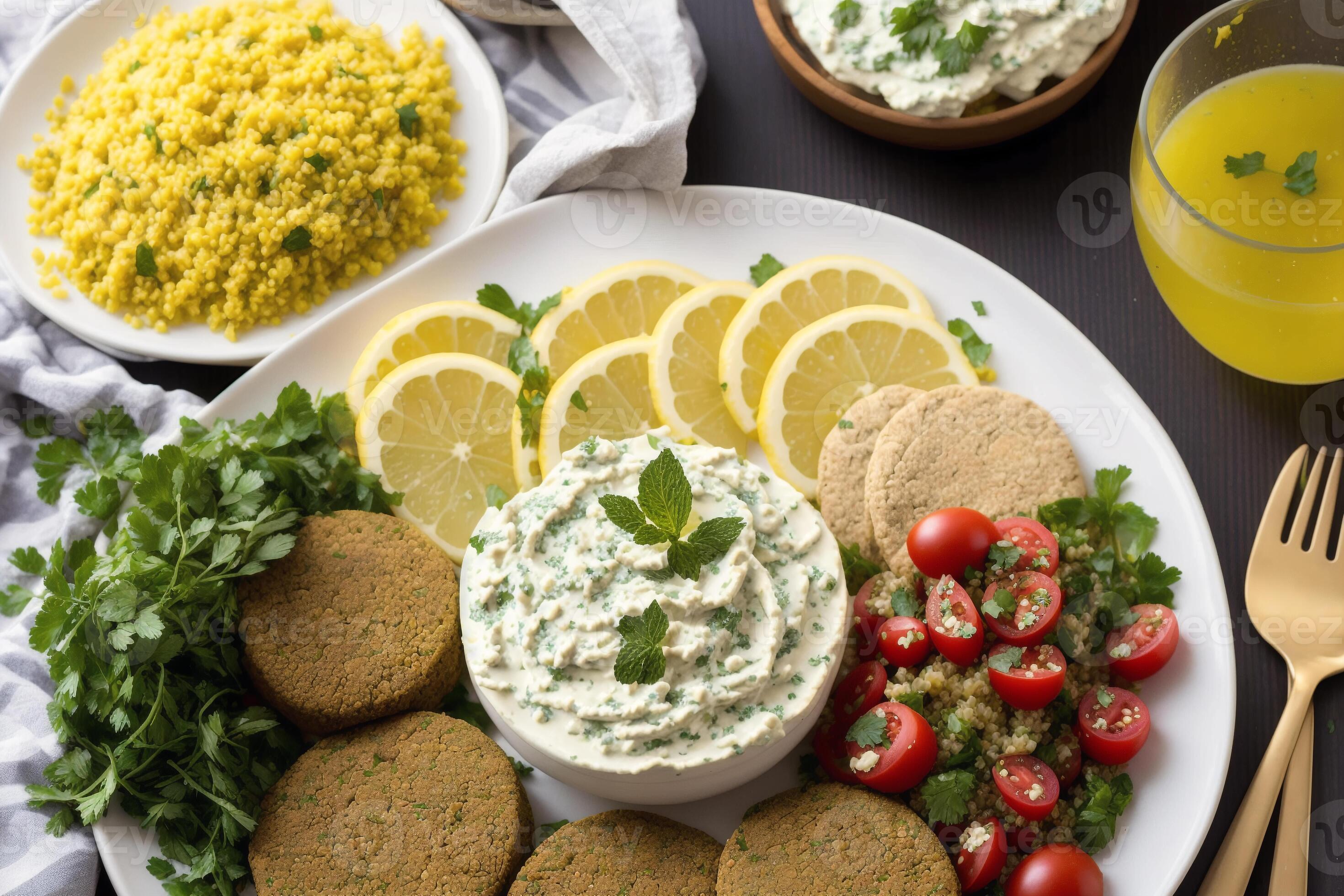 Lebanese cuisine. Chicken shish kebab on skewers served with couscous