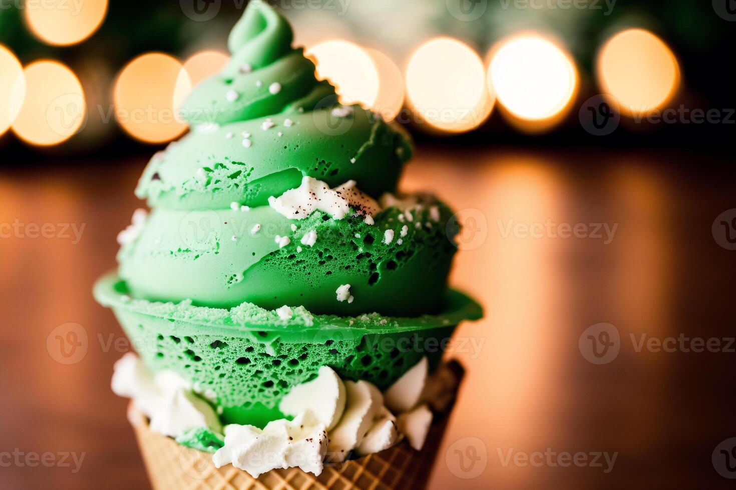 delicious Ice cream cone with chocolate and whipped cream on a wooden table. sweet food. photo