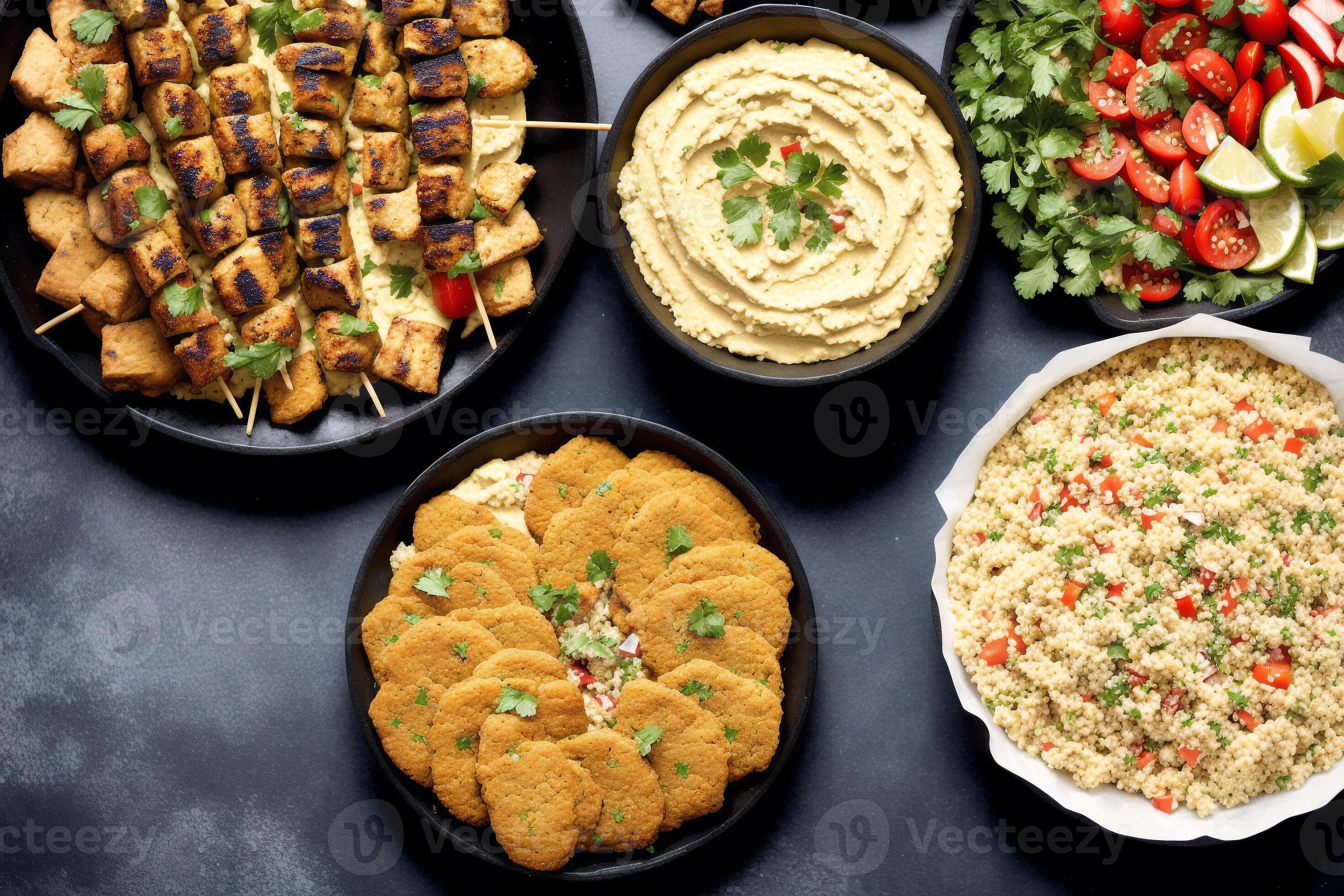 Lebanese cuisine. Chicken shish kebab on skewers served with couscous