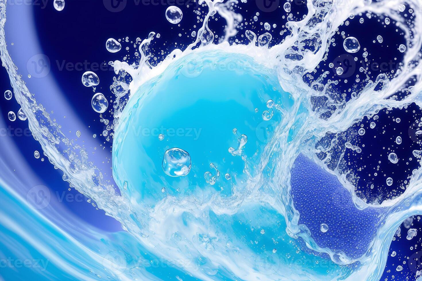 ater splash with bubbles on blue background. Abstract background. photo