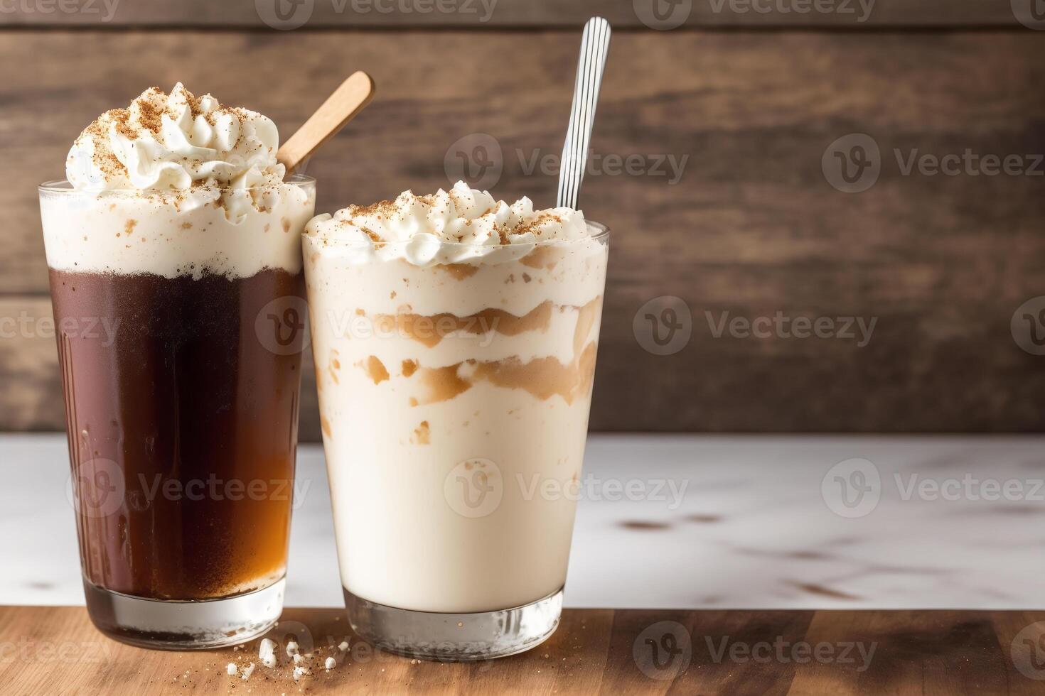 Iced coffee with whipped cream in a glass on a wooden table. photo