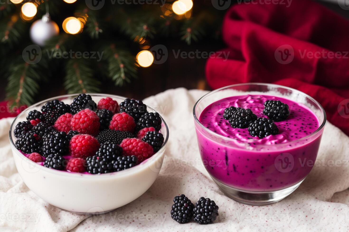 Strawberry yogurt in a white bowl.Yogurt with fresh blackberries, raspberries. photo