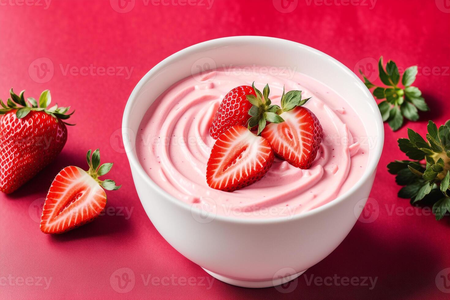 Strawberry yogurt in a white bowl.Yogurt with fresh blackberries, raspberries. photo